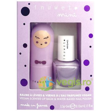 Set Cadou Copii: Balsam de Buze cu Parfum de Bezea 3.5g + Oja pe Baza de Apa cu Parfum de Coacaze 5ml