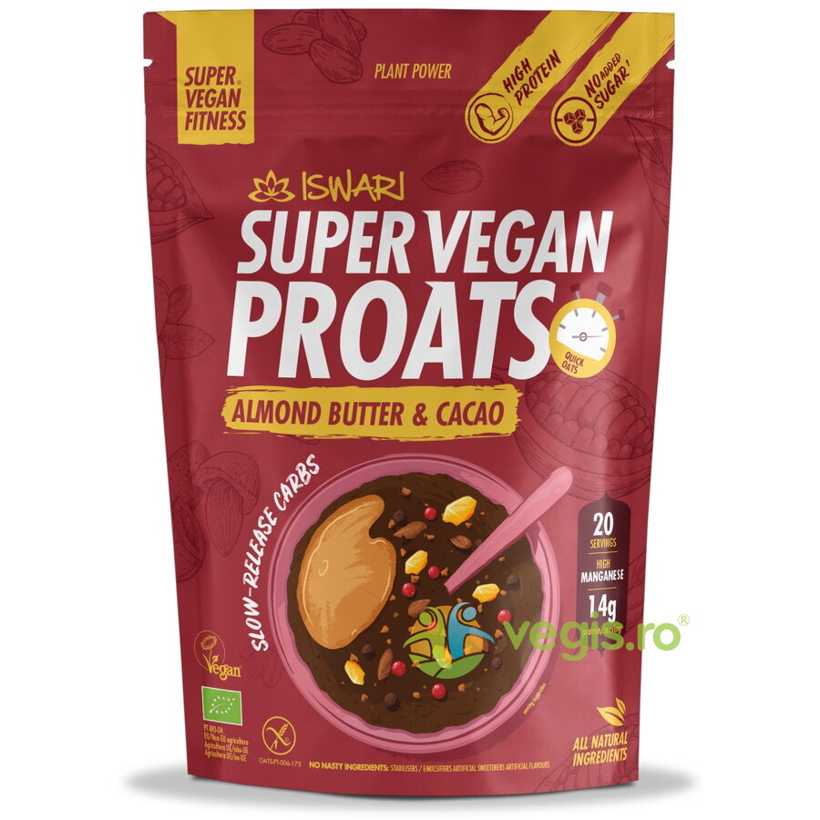 Proats Super Vegan cu Cacao si Crema de Migdale fara Zahar Ecologic/Bio 1.2kg