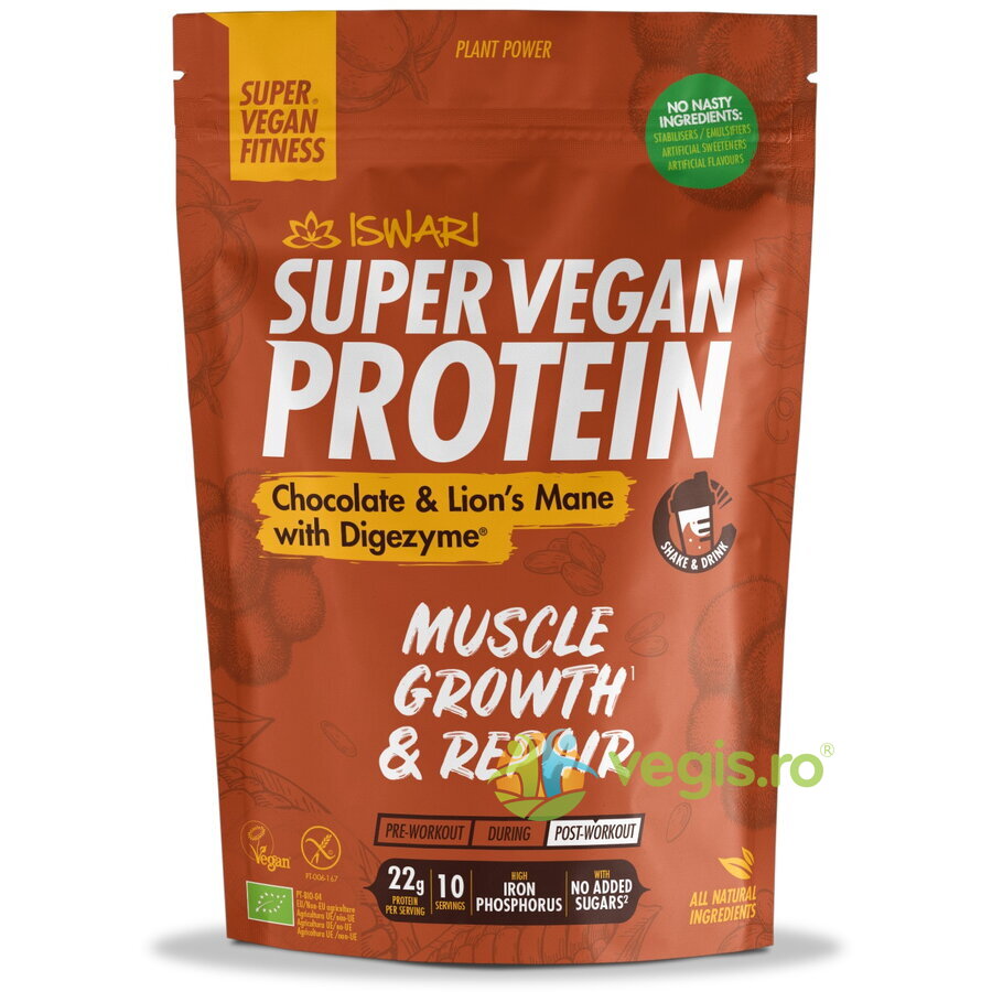 Proteina Super Vegan cu Ciocolata si Coama de Leu cu DigeZyme (Format Mediu) fara Gluten Ecologica/Bio 875g