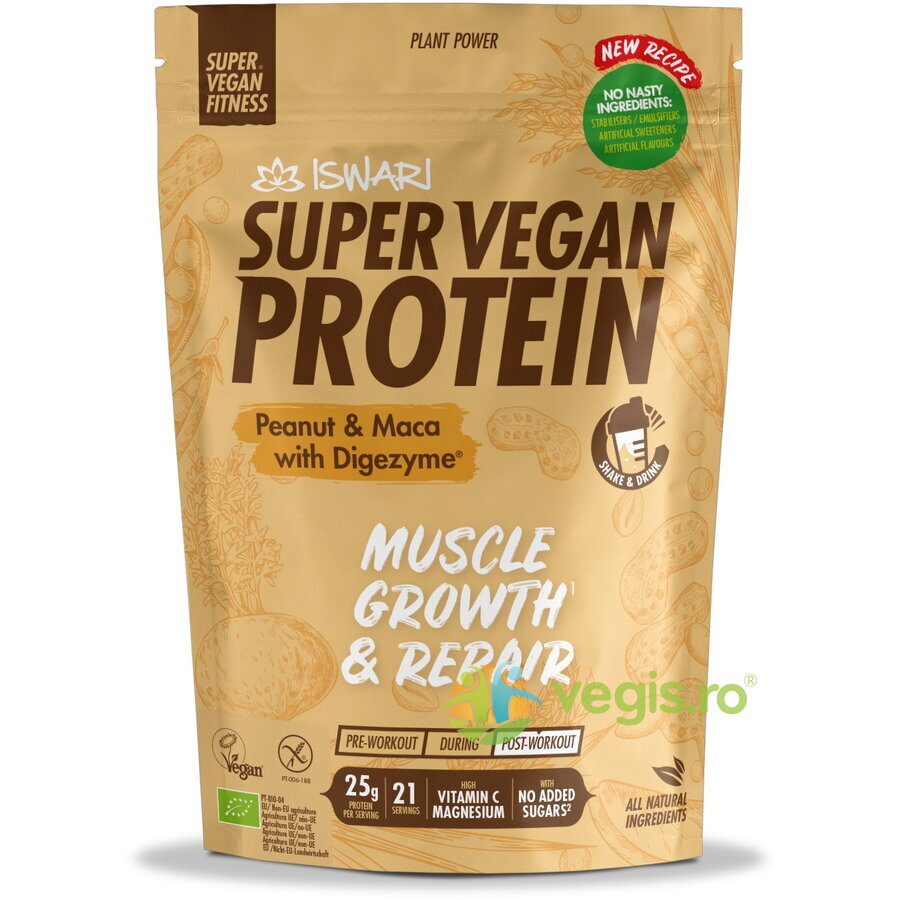 Proteina Super Vegan Potrivita dupa Efort cu Arahide si Maca (Format Mediu) fara Gluten Ecologica/Bio 875g