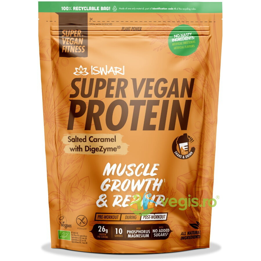 Proteina Super Vegan Potrivita dupa Efort cu Caramel Sarat fara Gluten Ecologica/Bio 400g
