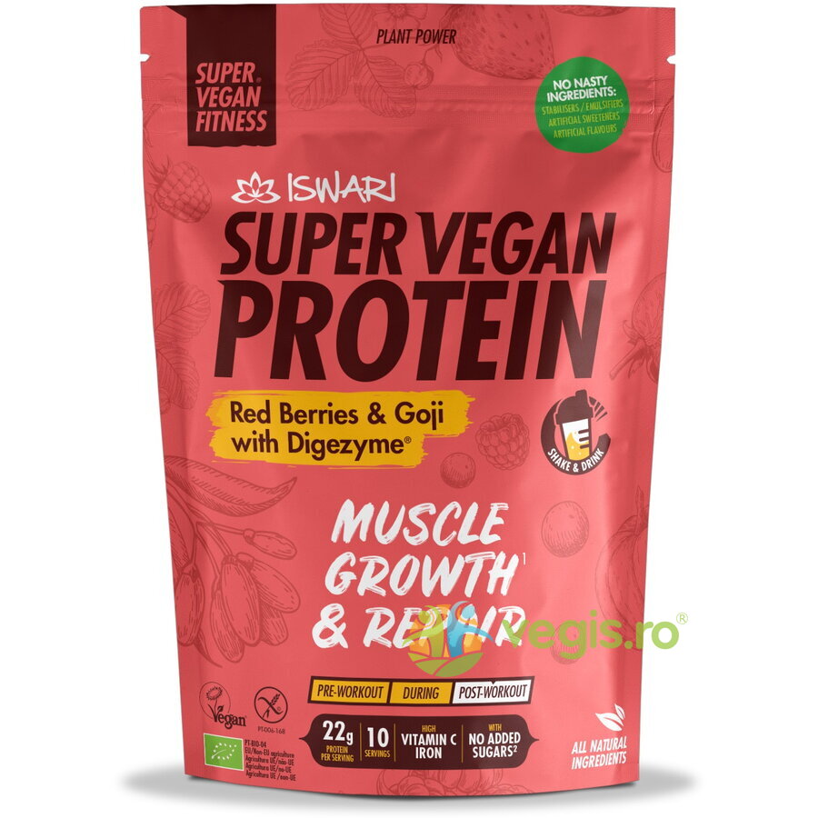 Proteina Super Vegan Potrivita dupa Efort cu Fructe Rosii si Goji cu DigeZyme (Format Mediu) fara Gluten Ecologica/Bio 875g