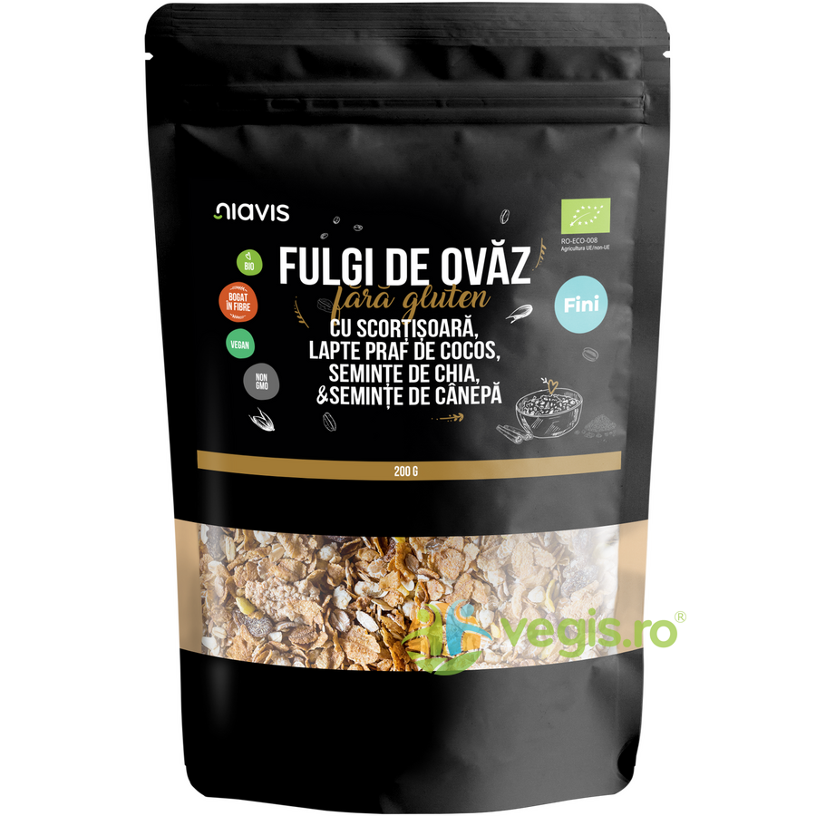Fulgi de Ovaz Fini fara Gluten cu Scortisoara, Lapte Praf de Cocos, Seminte de Chia si Seminte de Canepa Ecologici/Bio 200g