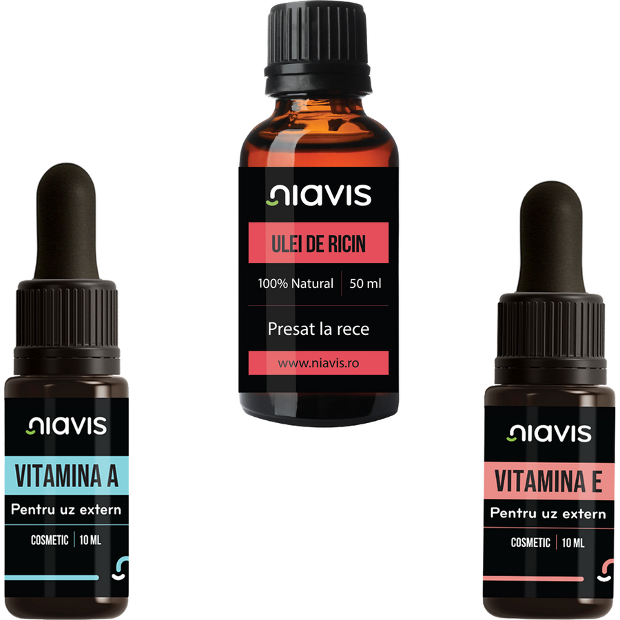 Pachet Ulei de Ricin Presat la Rece 50ml + Vitamina E 10ml + Vitamina A 10ml