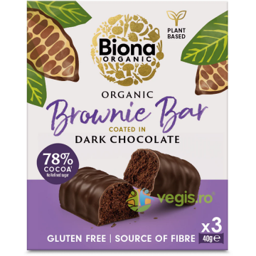 Baton Brownie Invelit in Ciocolata Neagra fara Gluten Ecologic/Bio 3x40g