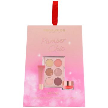 Set Cadou Paleta pentru Fata 6 Nuante 10g + Balsam pentru Buze cu Aroma de Capsuni 12ml + Scrub pentru Buze Pamper Chic 15g