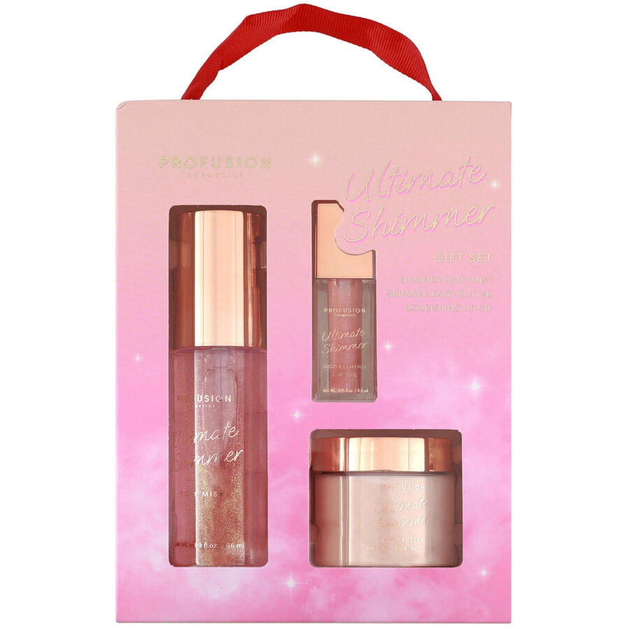 Set Cadou Ultimate Shimmer Spray de Corp Stralucitor 56ml + Unt de Corp 55g + Ulei de Buze Hranitor cu Sclipici 4.4ml