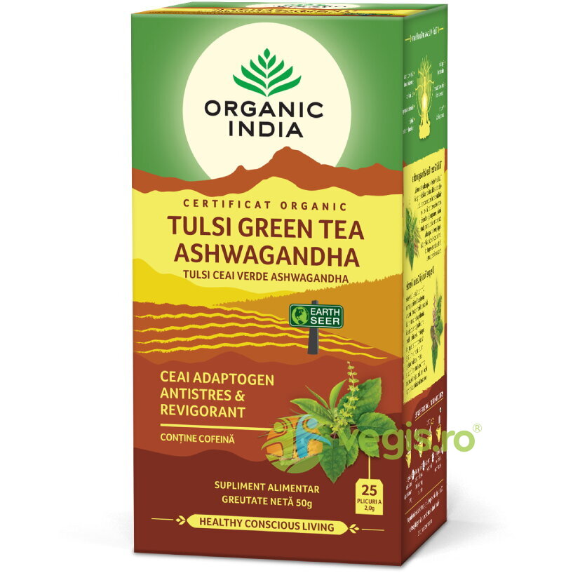 Ceai Tulsi (Busuioc Sfant) Adaptogen si Revigorant cu Ceai Verde si Ashwagandha Ecologic/Bio 25dz